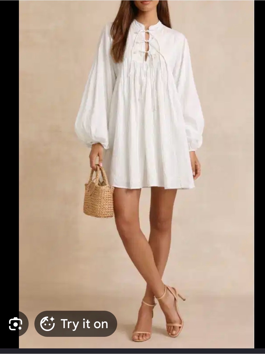 Boho Tie-Front White Long-Sleeve Mini Dress